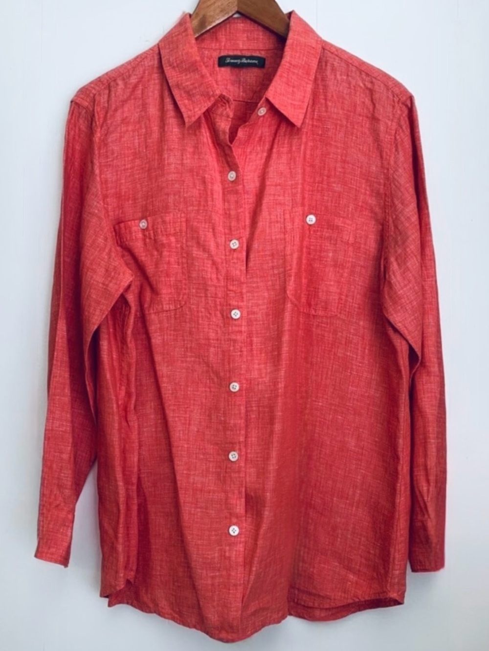 TOMMY BAHAMA, Women’s Coral-Red Linen Long-Sleeve Button-Down Shirt, Size Small